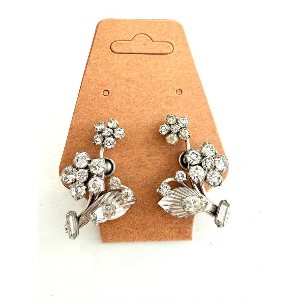 Vintage Krementz Silvertone and Rhinestone Screwback Flower Earrings Elegant